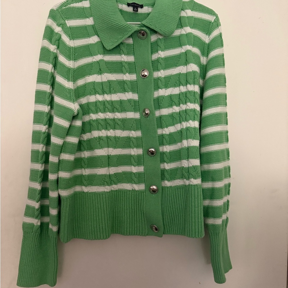 Talbots Green and White Striped Cardigan